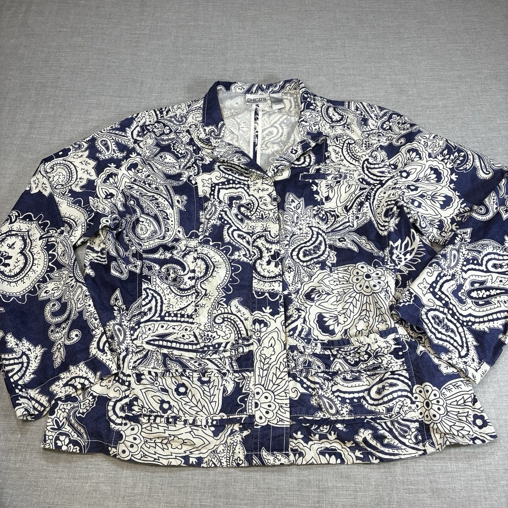 Chico's Blazer Jacket Women's Blue White Paisley Size 3 Long Sleeves Cotton